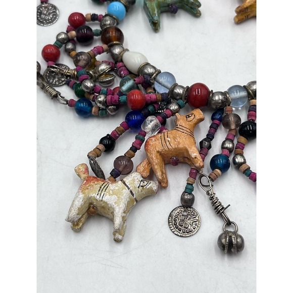 AFRICAN Glass Bead and Carved Animal Dangle Fringe Multicolor Statement Necklace - Picture 11 of 16